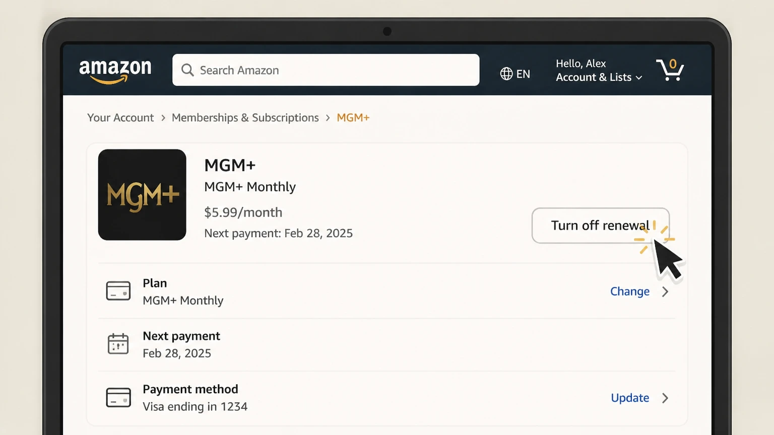 MGM+ amazon cancellation: Turn off renewal