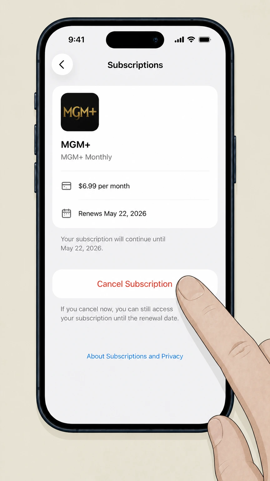 MGM+ ios cancellation: Tap Cancel Subscription