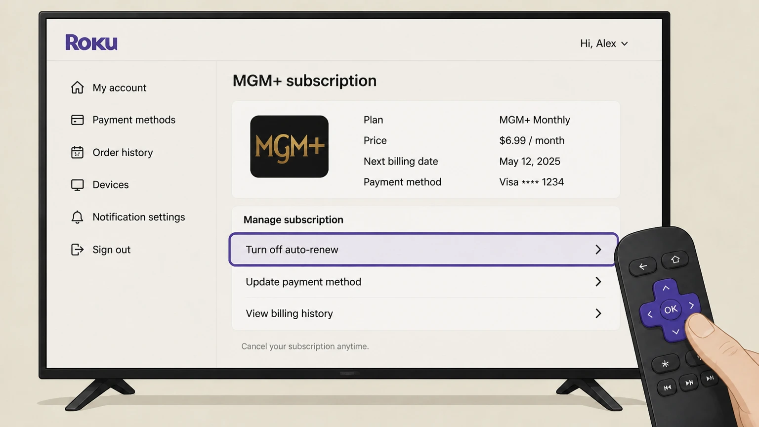 MGM+ roku cancellation: Turn off auto-renew