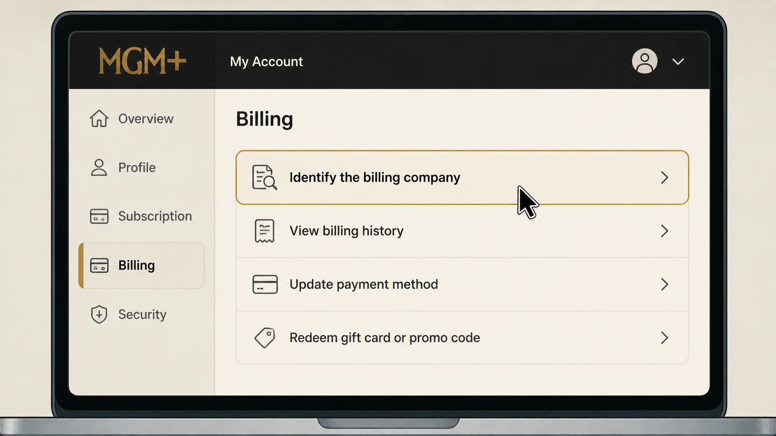 MGM+ tv-provider cancellation: Identify the billing company