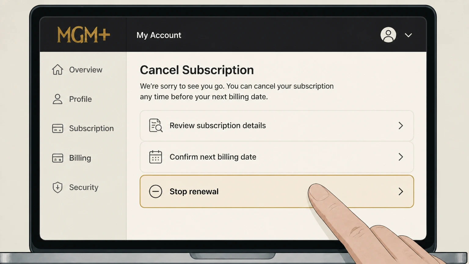 MGM+ tv-provider cancellation: Stop renewal