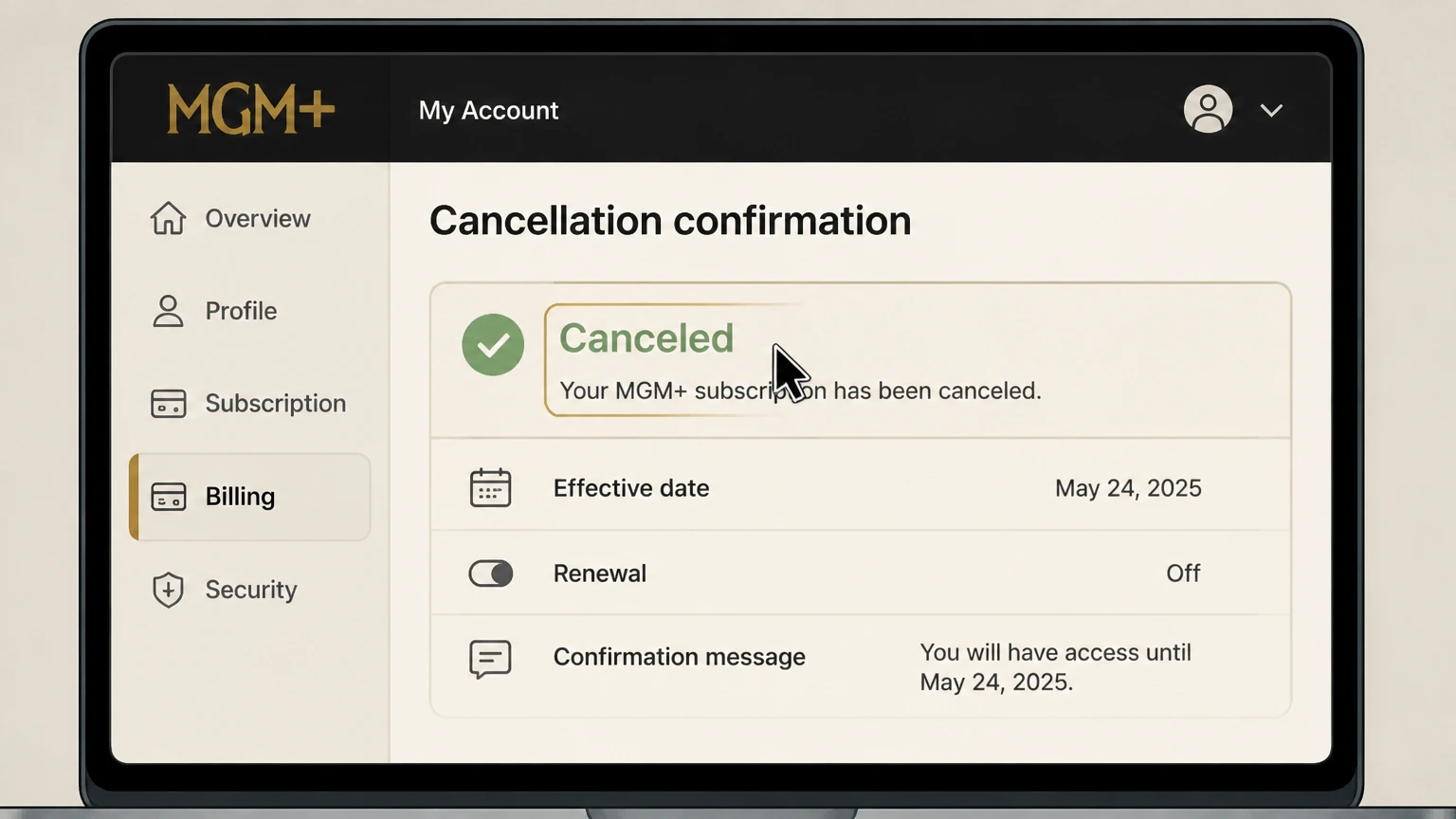 MGM+ tv-provider cancellation: Keep proof