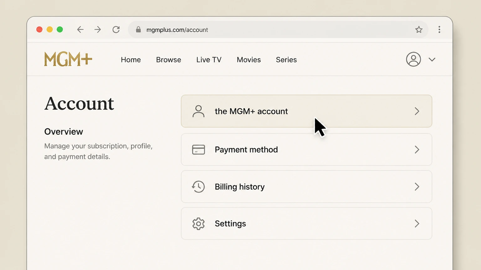 MGM+ web cancellation: Open the MGM+ account