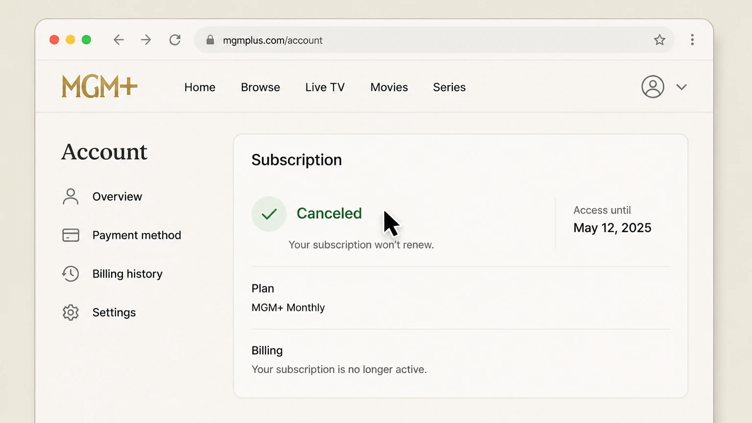 MGM+ web cancellation: Verify direct billing
