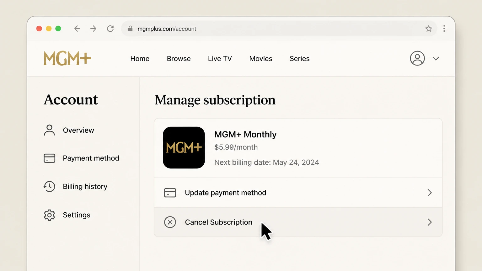 MGM+ web cancellation: Choose Cancel Subscription