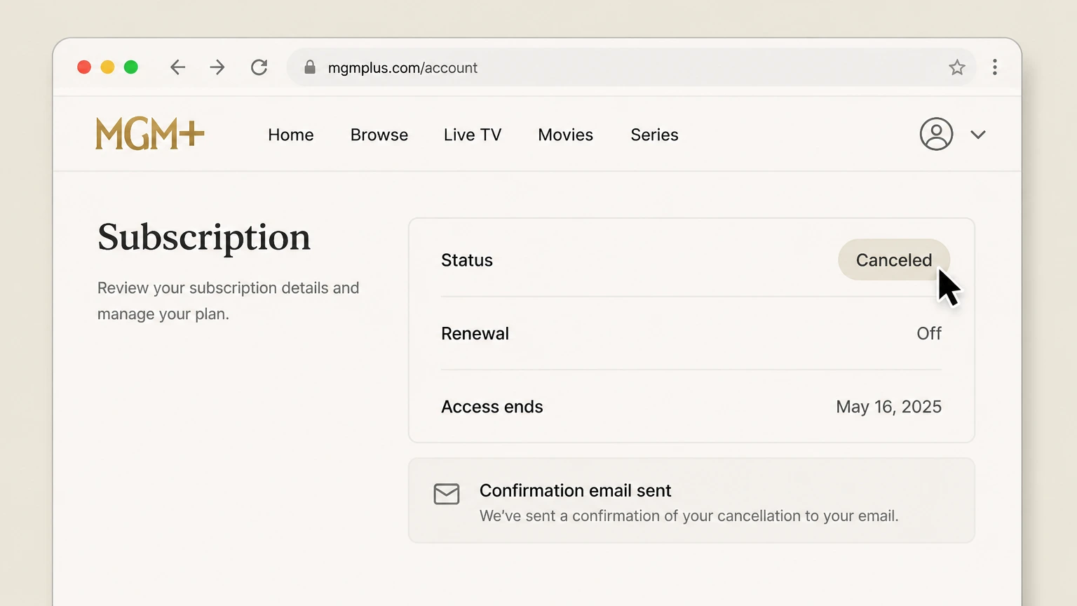 MGM+ web cancellation: Keep the end date