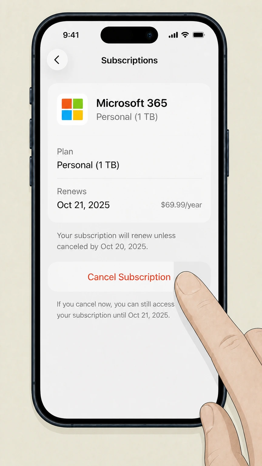 Microsoft 365 app-store cancellation: Tap Cancel Subscription