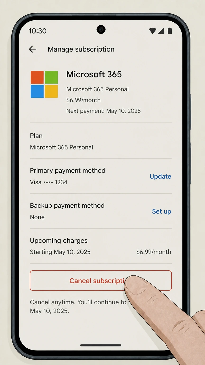 Microsoft 365 google-play cancellation: Choose Cancel subscription