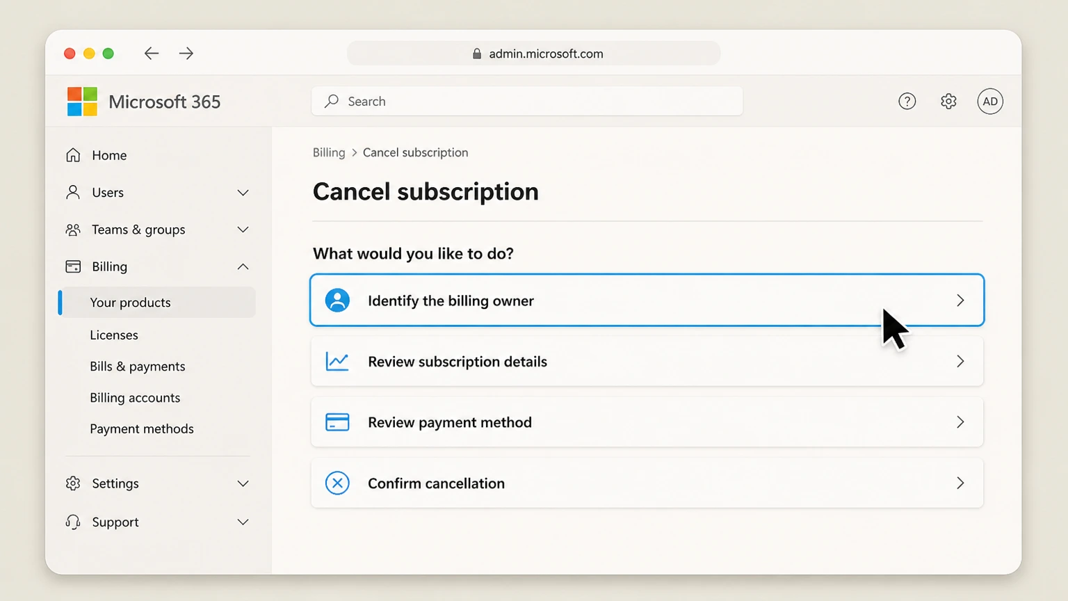 Microsoft 365 organization cancellation: Identify the billing owner