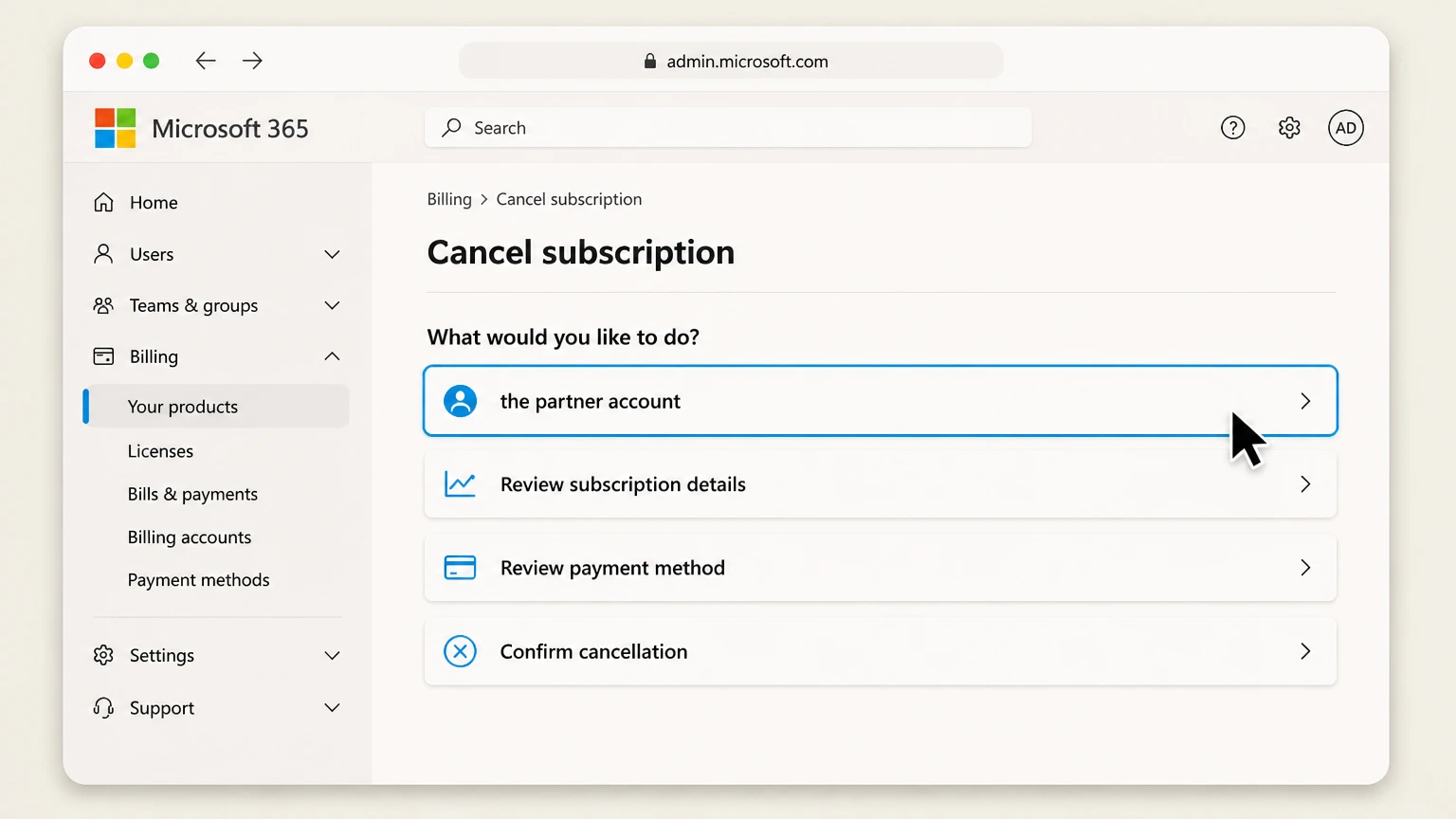 Microsoft 365 organization cancellation: Open the partner account