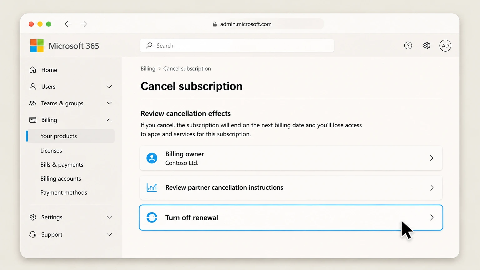 Microsoft 365 organization cancellation: Turn off renewal