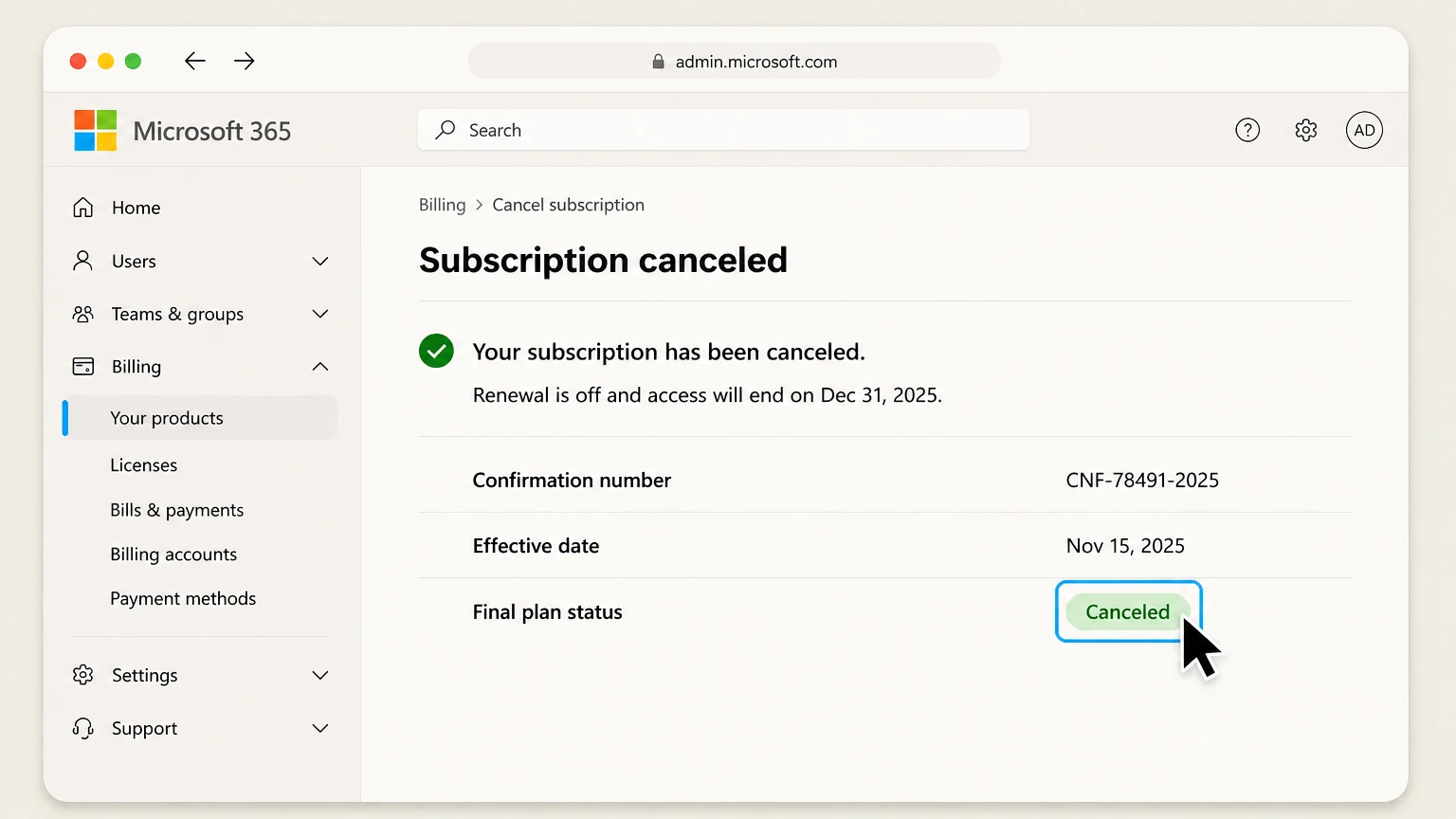 Microsoft 365 organization cancellation: Keep partner confirmation
