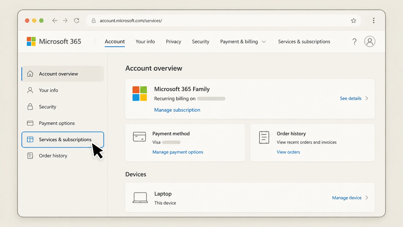 Microsoft 365 web cancellation: Locate the purchasing account