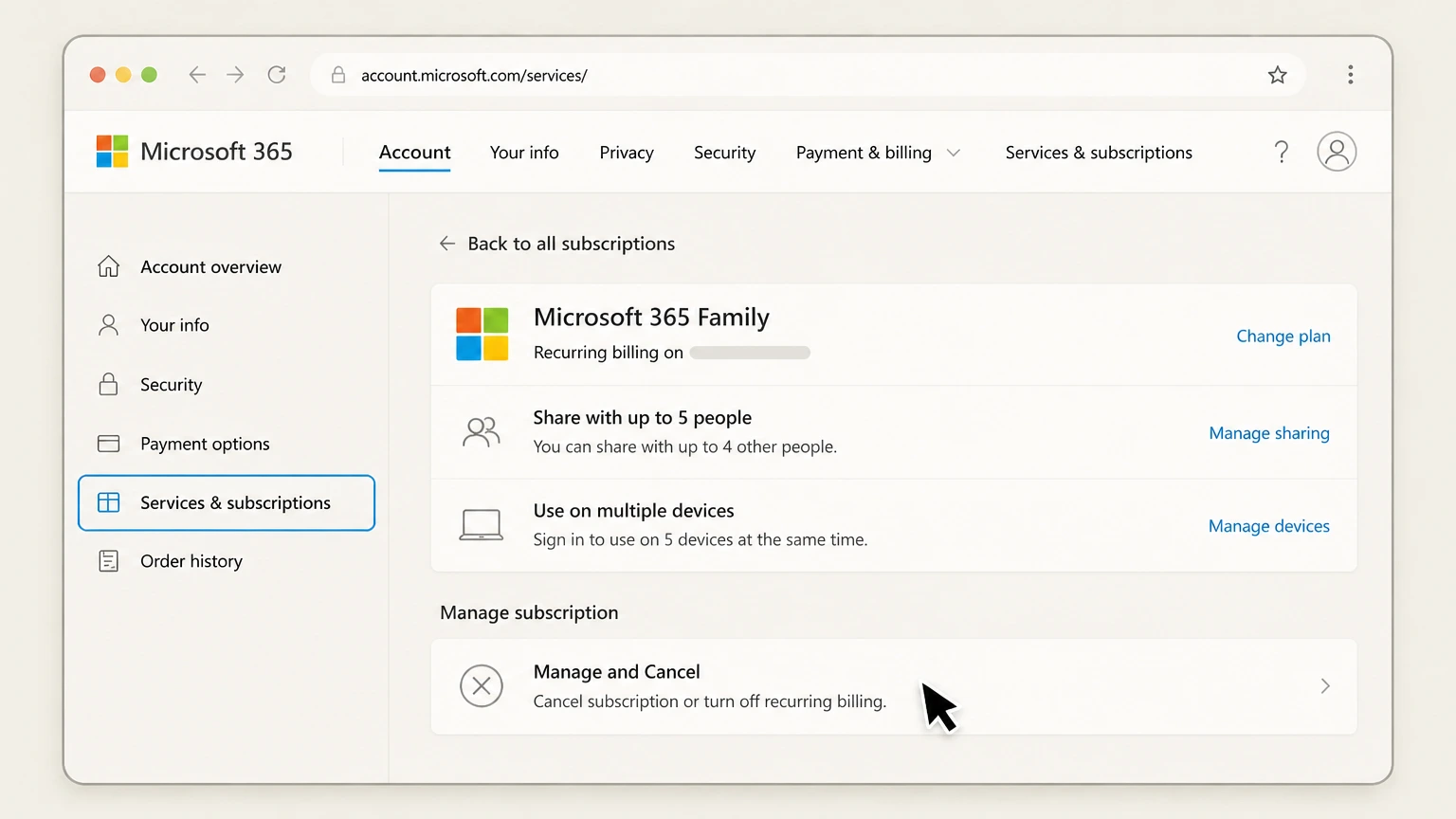 Microsoft 365 web cancellation: Choose Manage and Cancel