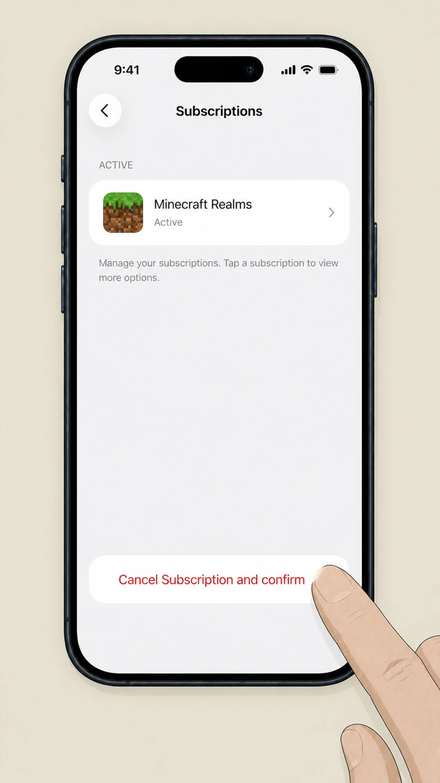 Minecraft Realms ios cancellation: Tap Cancel Subscription and confirm