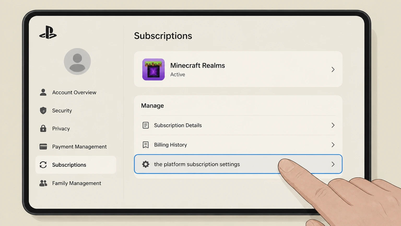Minecraft Realms playstation cancellation: Open the platform subscription settings