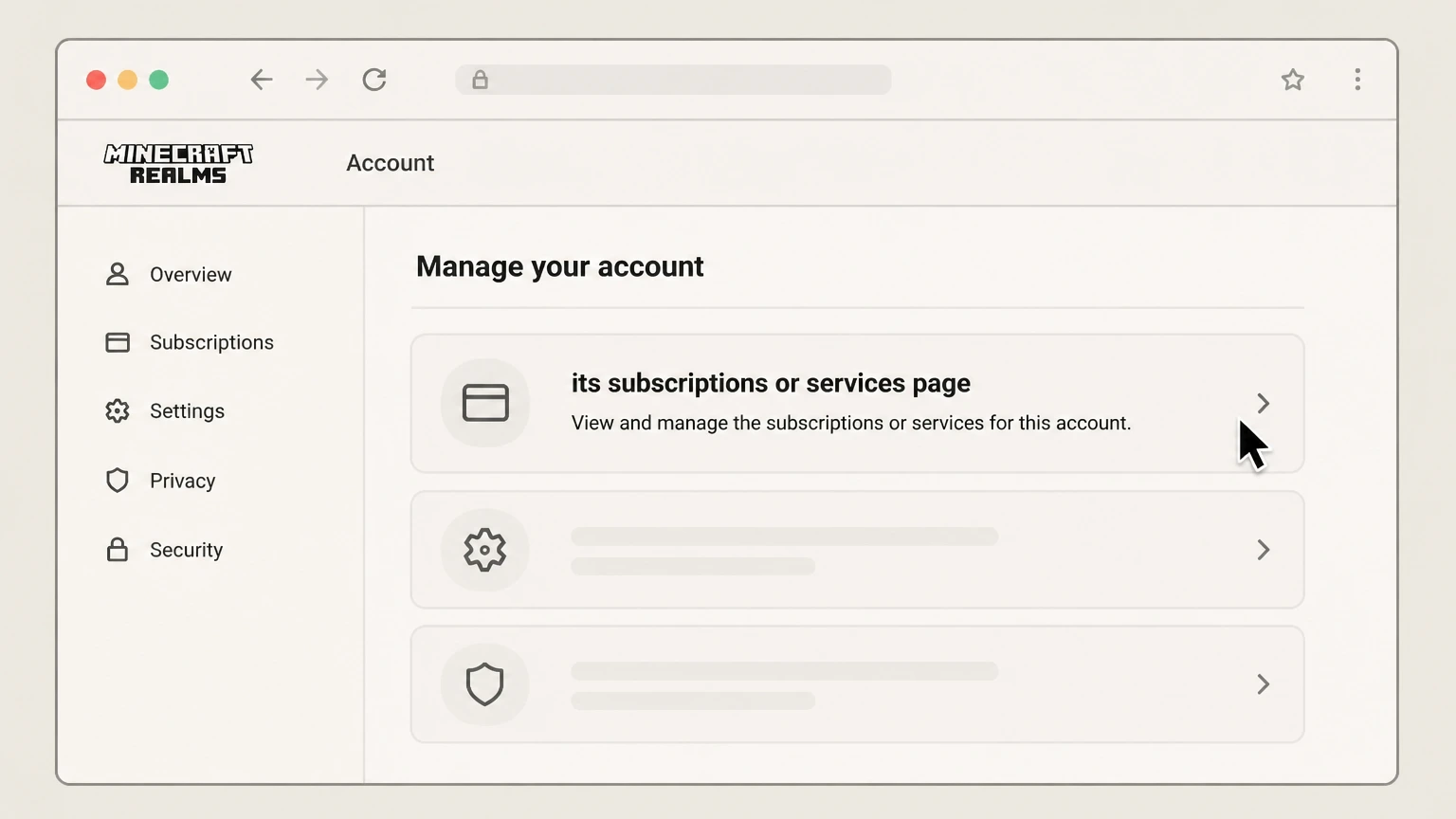 Minecraft Realms web cancellation: Open its subscriptions or services page