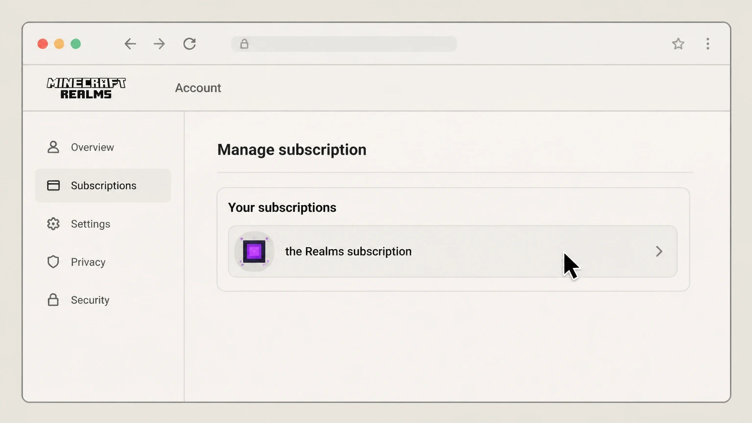Minecraft Realms web cancellation: Select the Realms subscription
