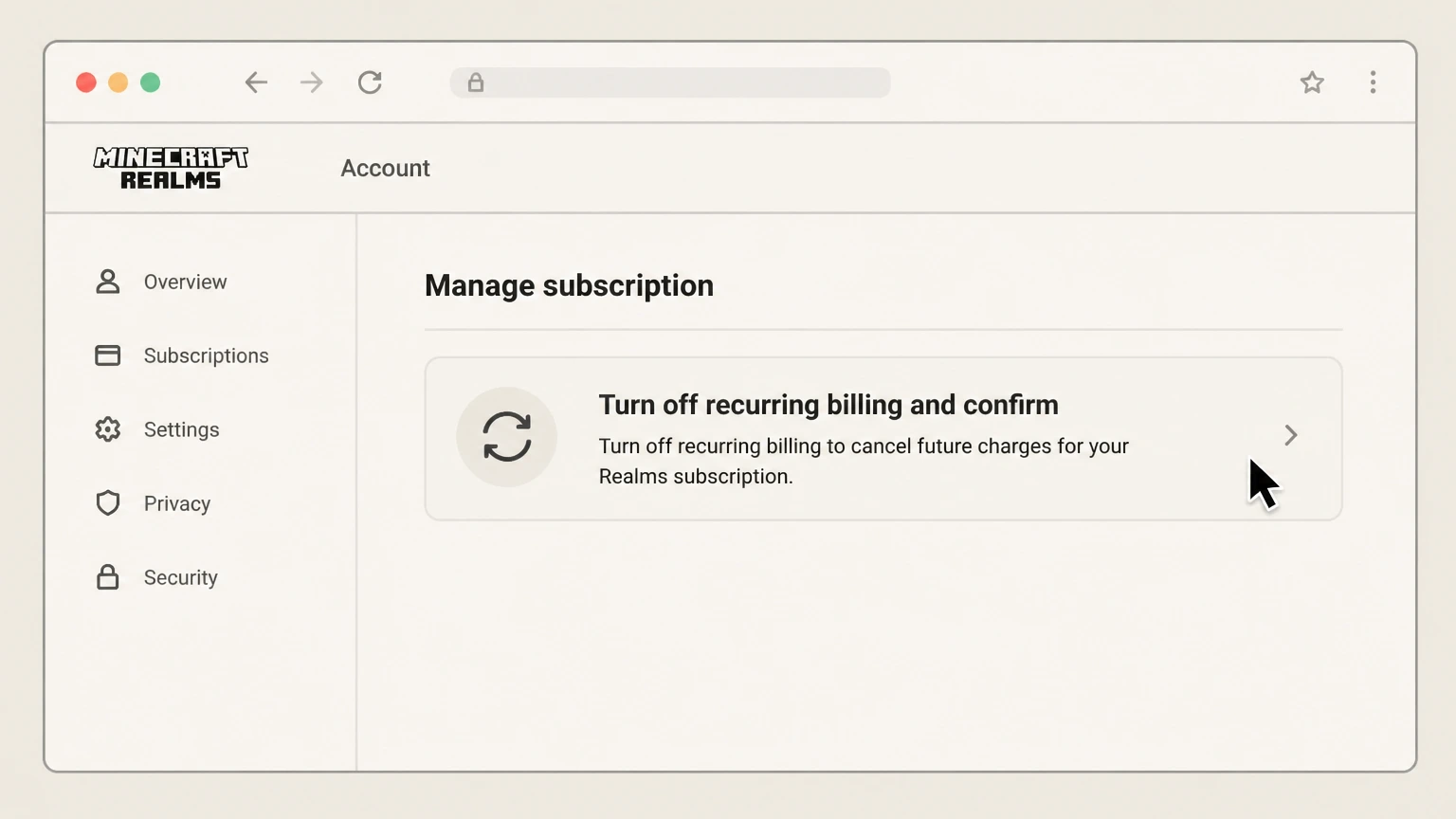 Minecraft Realms web cancellation: Turn off recurring billing and confirm