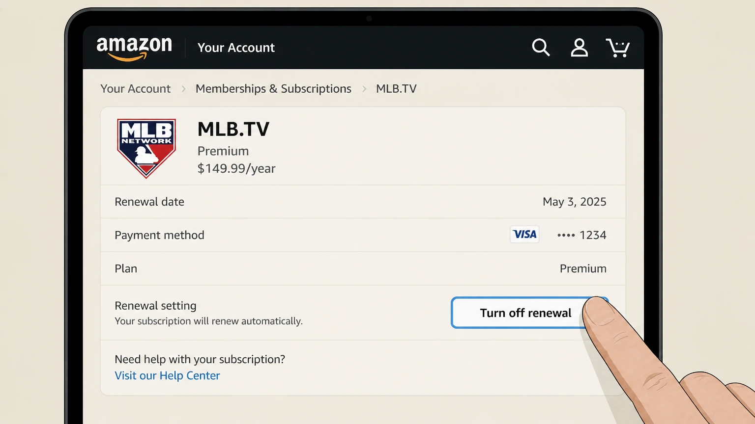 MLB.TV amazon cancellation: Turn off renewal