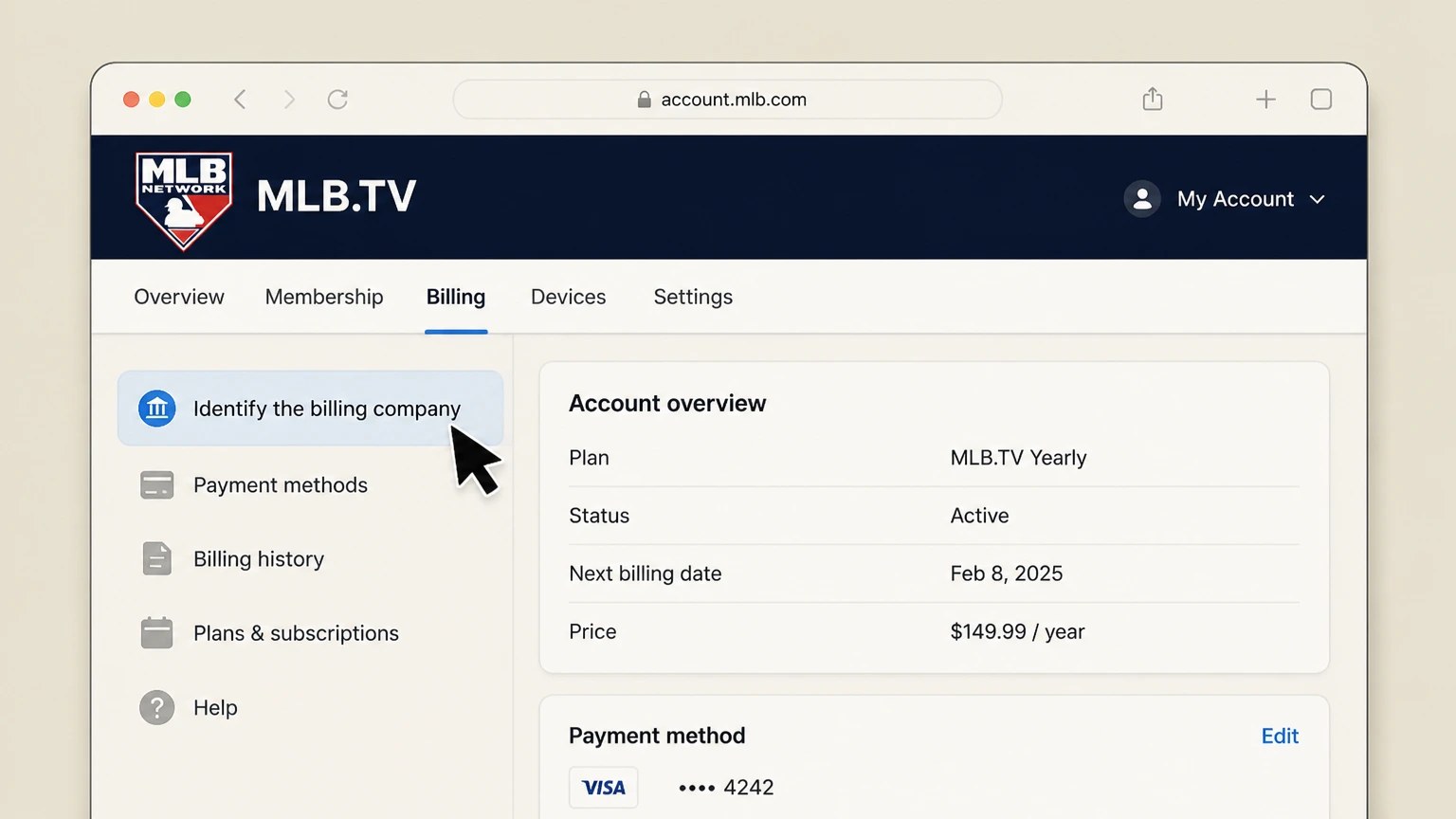 MLB.TV billing-partner cancellation: Identify the billing company