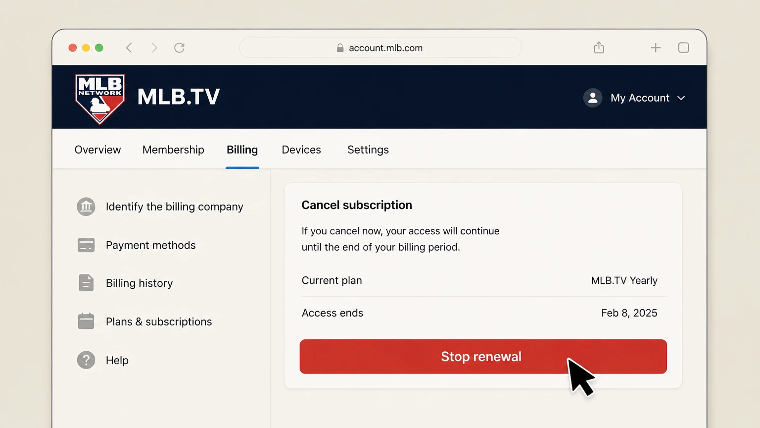 MLB.TV billing-partner cancellation: Stop renewal