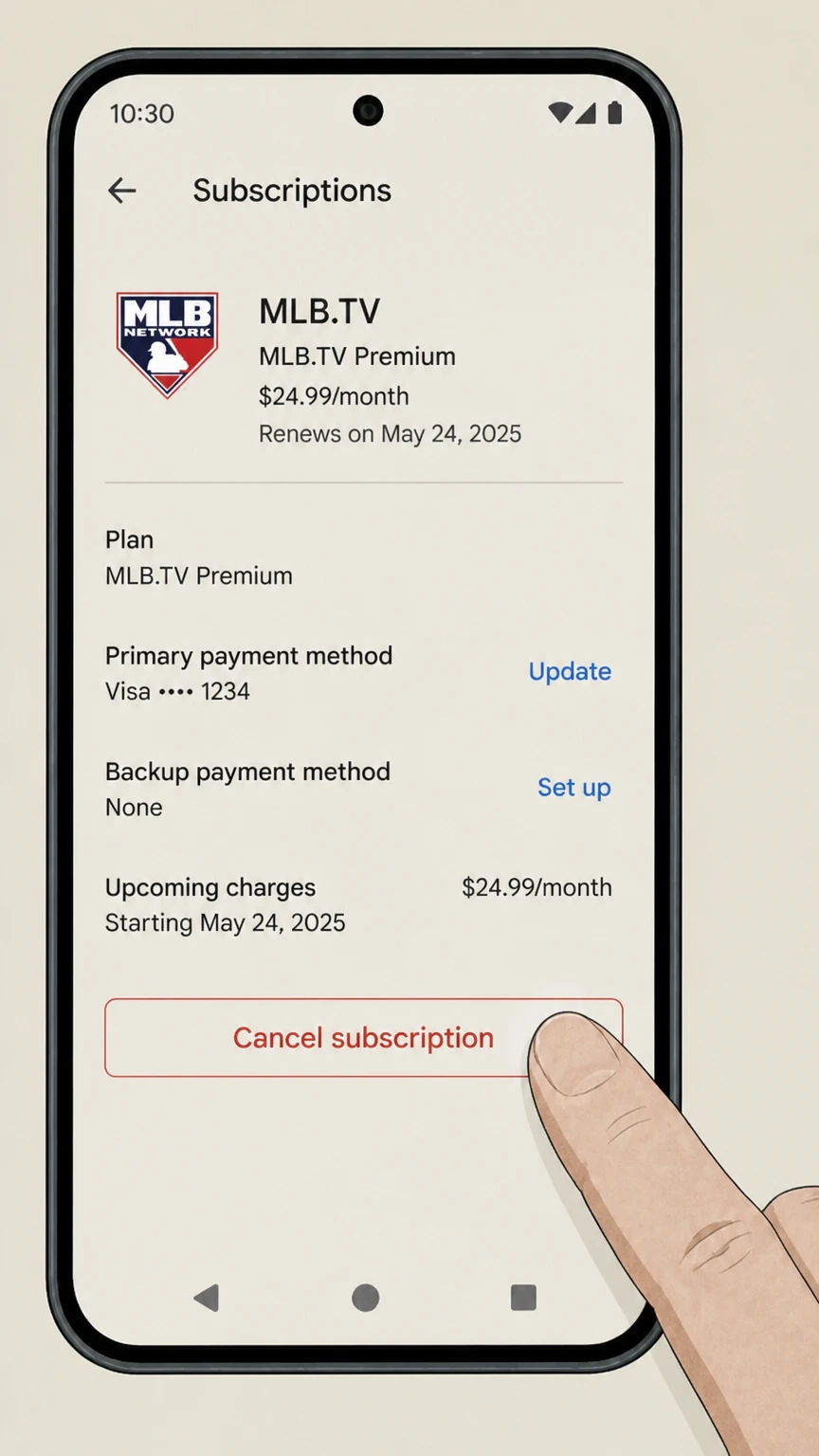 MLB.TV google-play cancellation: Tap Cancel subscription