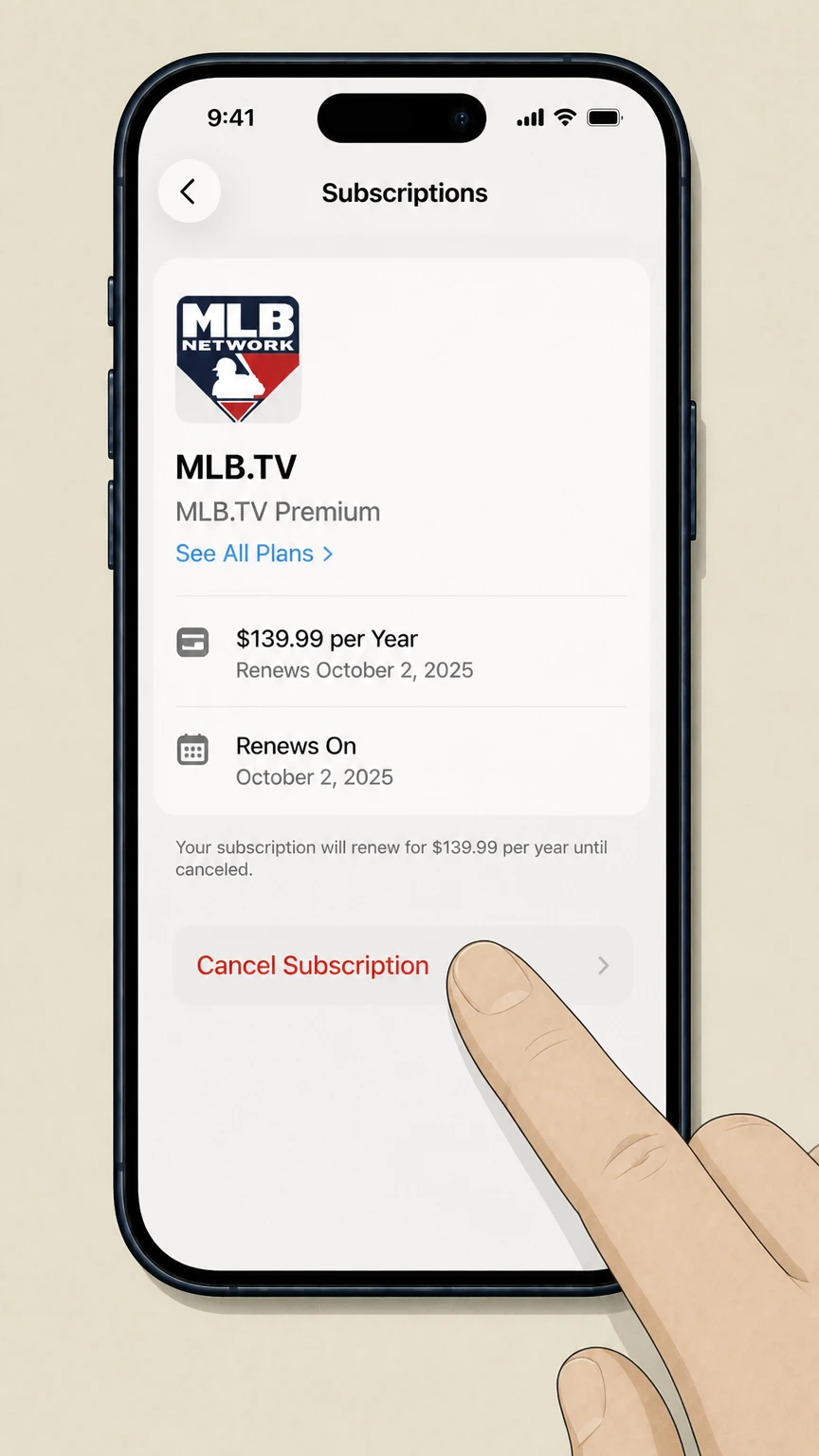 MLB.TV ios cancellation: Tap Cancel Subscription