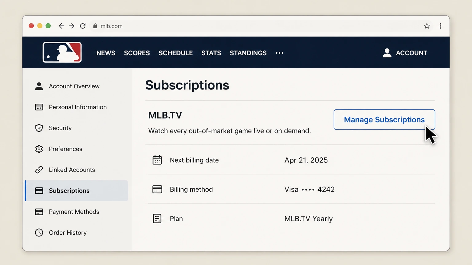 MLB.TV web cancellation: Open Manage Subscriptions