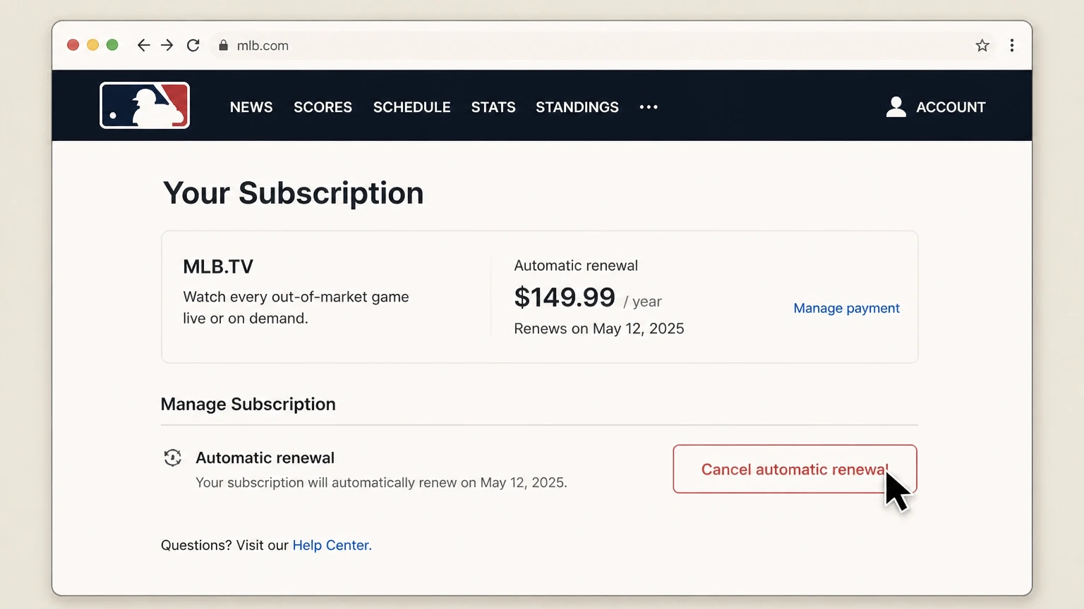 MLB.TV web cancellation: Cancel automatic renewal