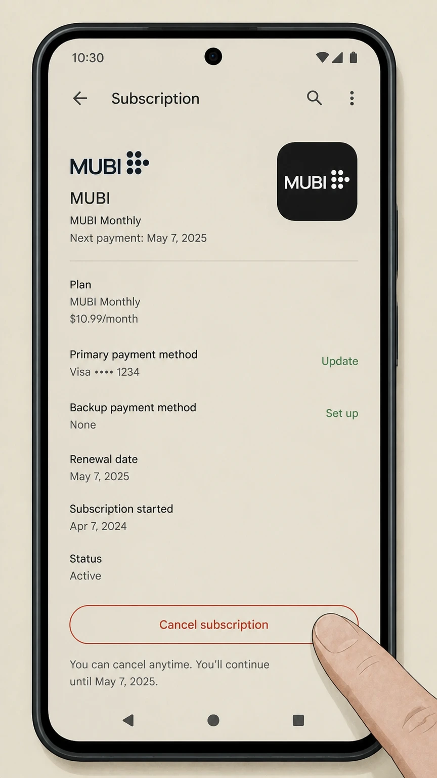 MUBI google-play cancellation: Tap Cancel subscription