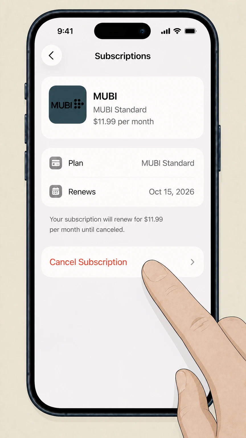 MUBI ios cancellation: Tap Cancel Subscription