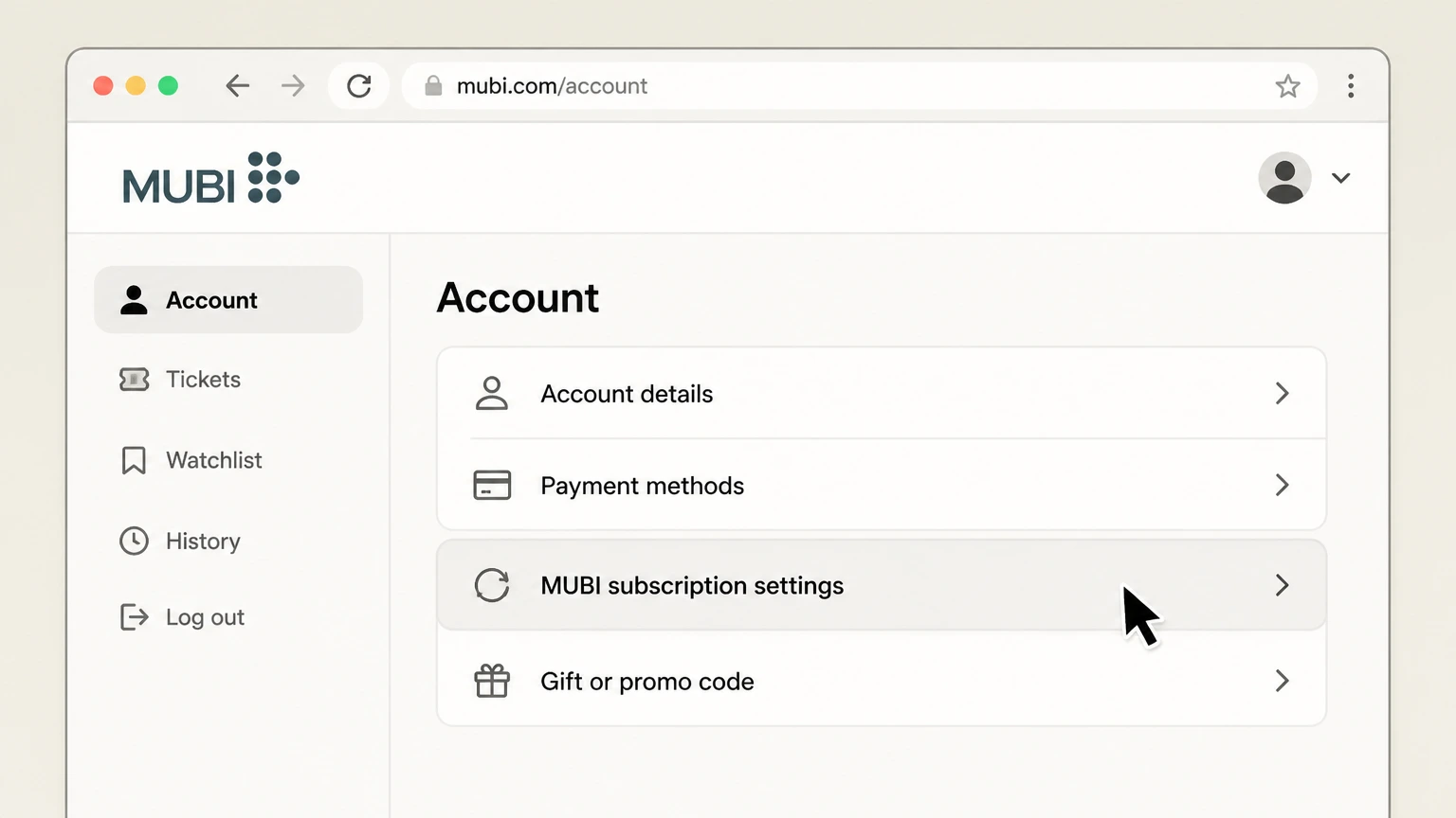 MUBI web cancellation: Open MUBI subscription settings