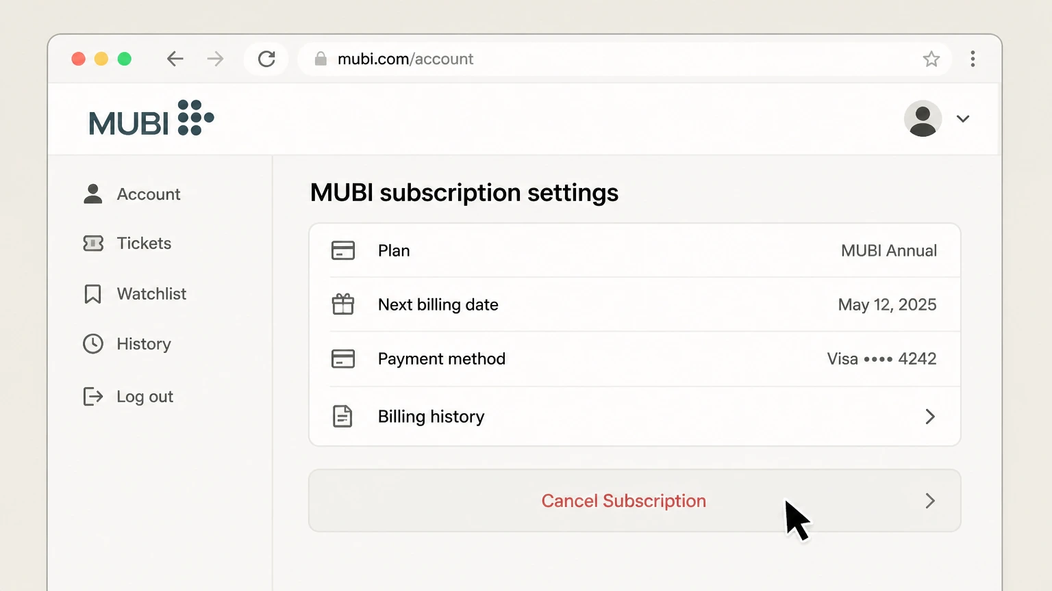 MUBI web cancellation: Choose Cancel Subscription