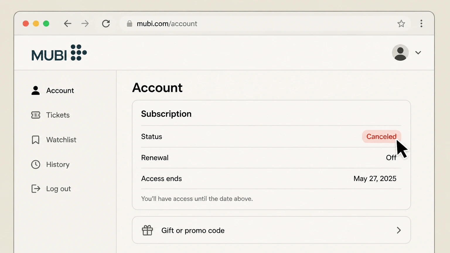 MUBI web cancellation: Save the paid-through date