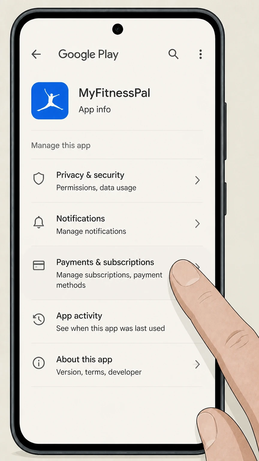 MyFitnessPal google-play cancellation: Open Payments & subscriptions
