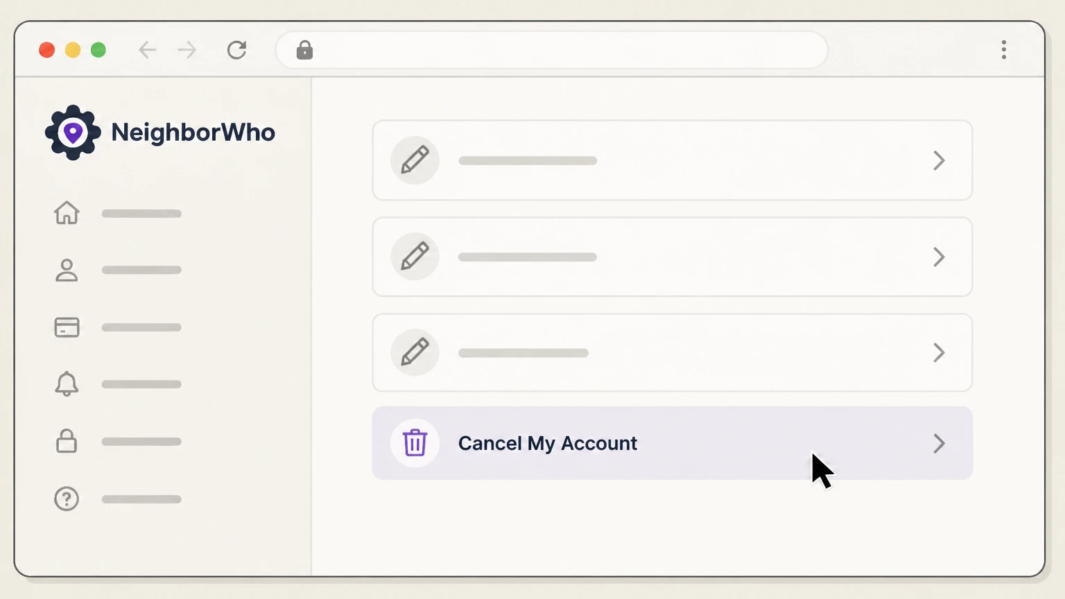 NeighborWho NeighborWho website account: Choose Cancel My Account