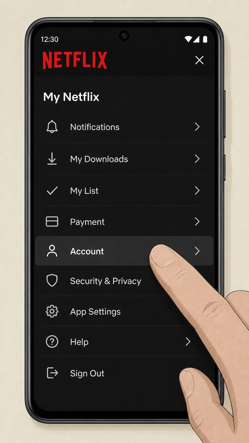 Editorial illustration of the Account item in the Netflix Android app menu