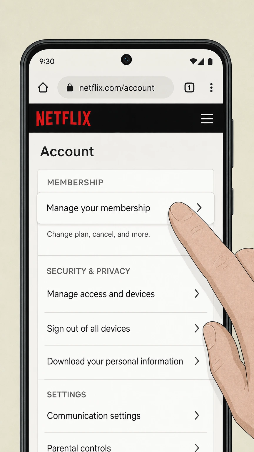 Editorial illustration of Manage your membership in a Netflix account on Android