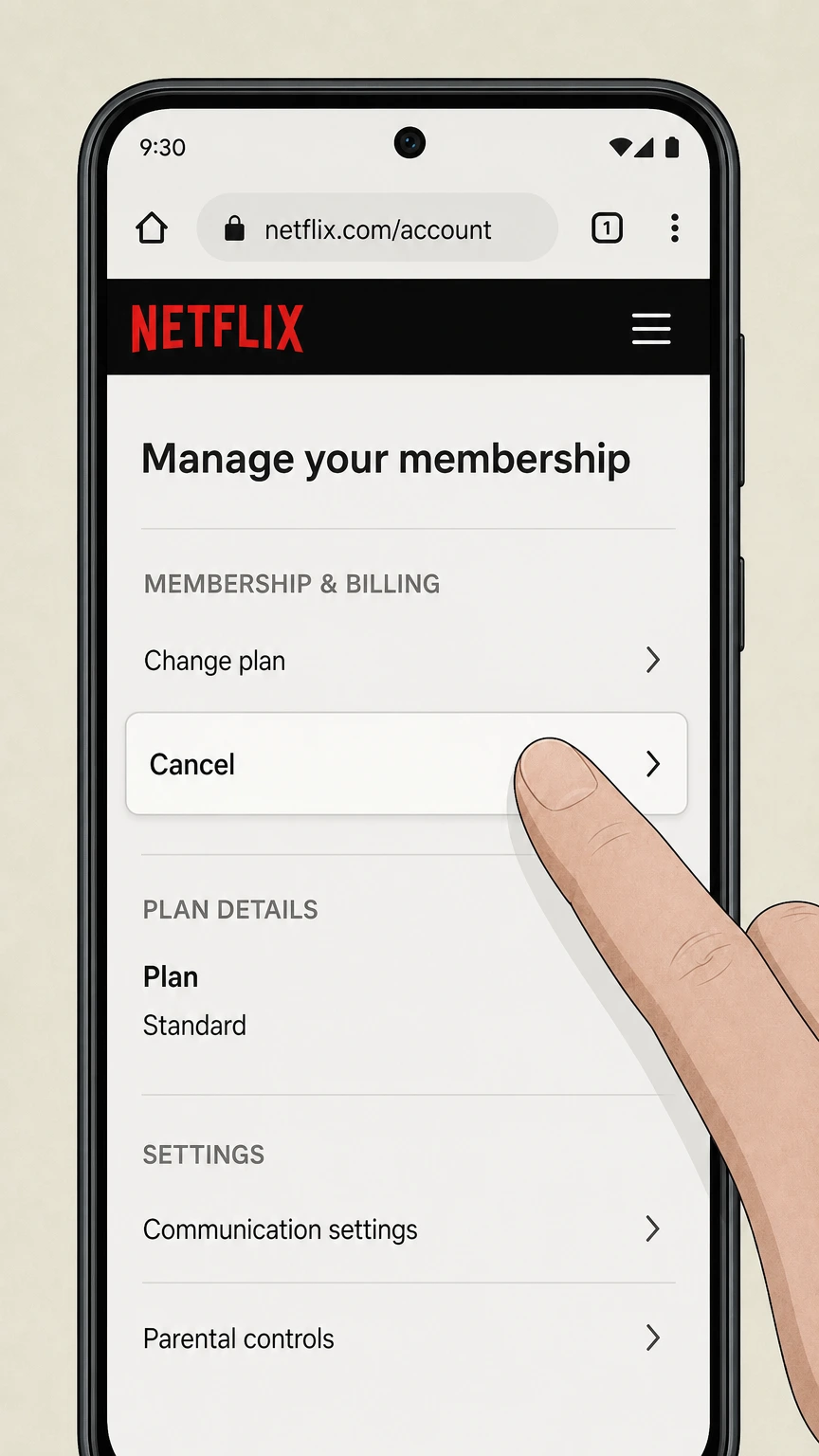 Editorial illustration of the Cancel control on Netflix in an Android browser