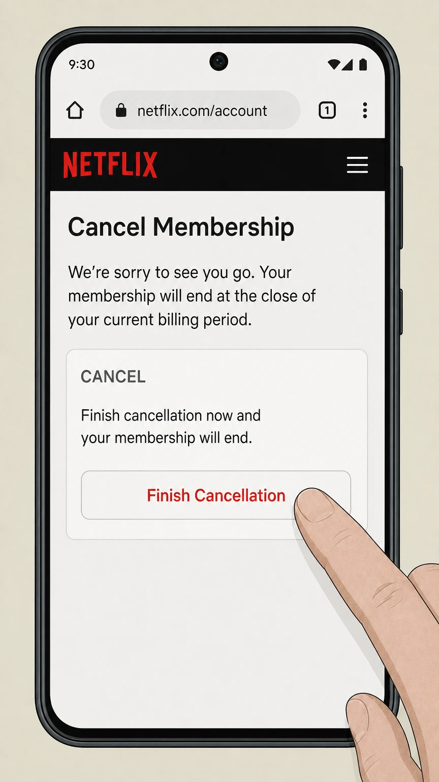 Editorial illustration of Finish Cancellation on Netflix in an Android browser