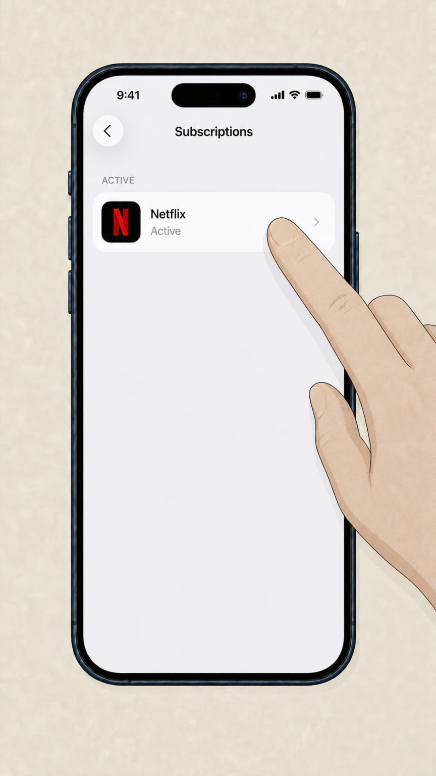 Editorial illustration of Netflix in the iOS 26 Subscriptions list on iPhone 17 Pro