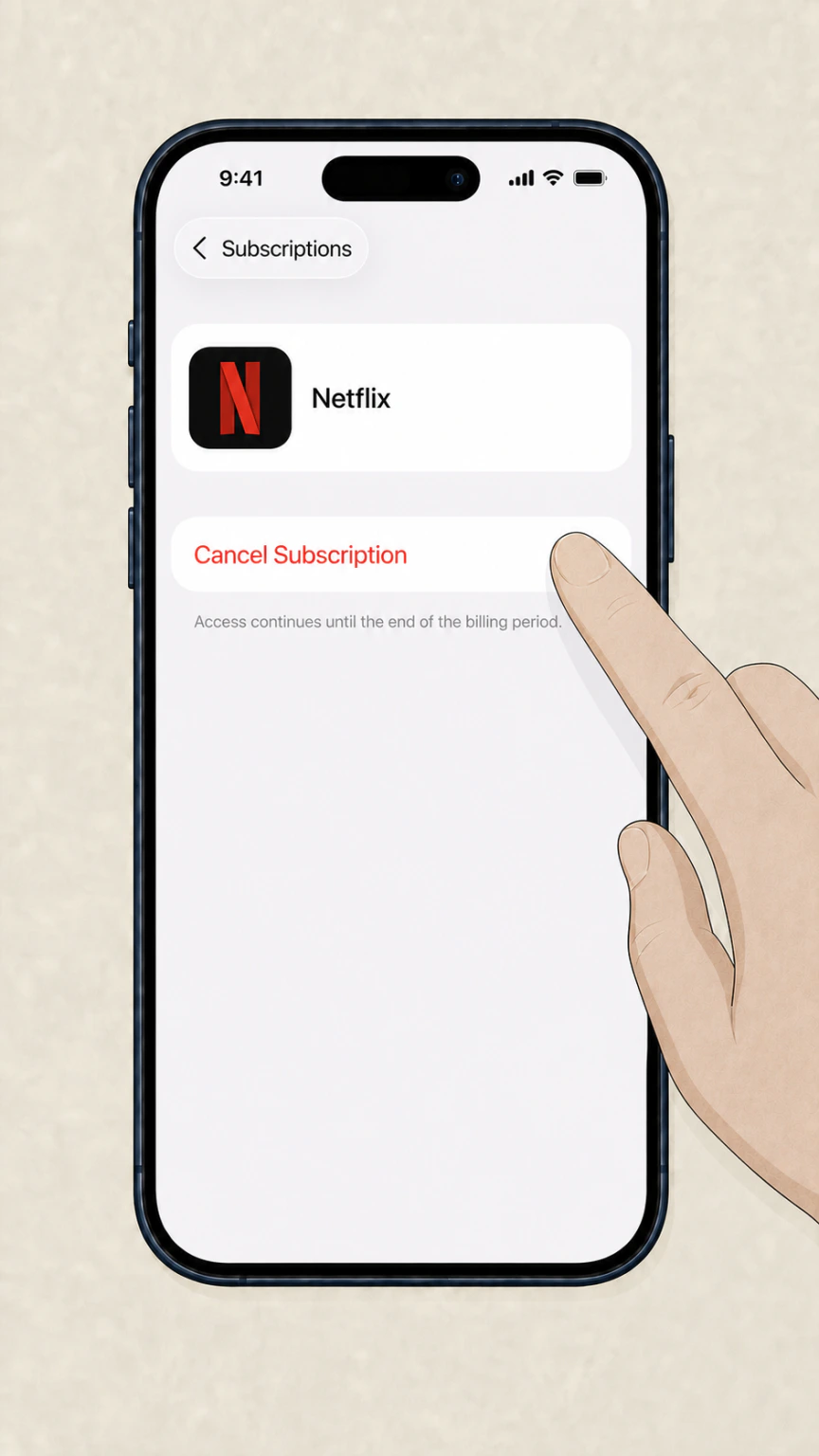 Editorial illustration of Cancel Subscription for Netflix in iOS 26 on iPhone 17 Pro