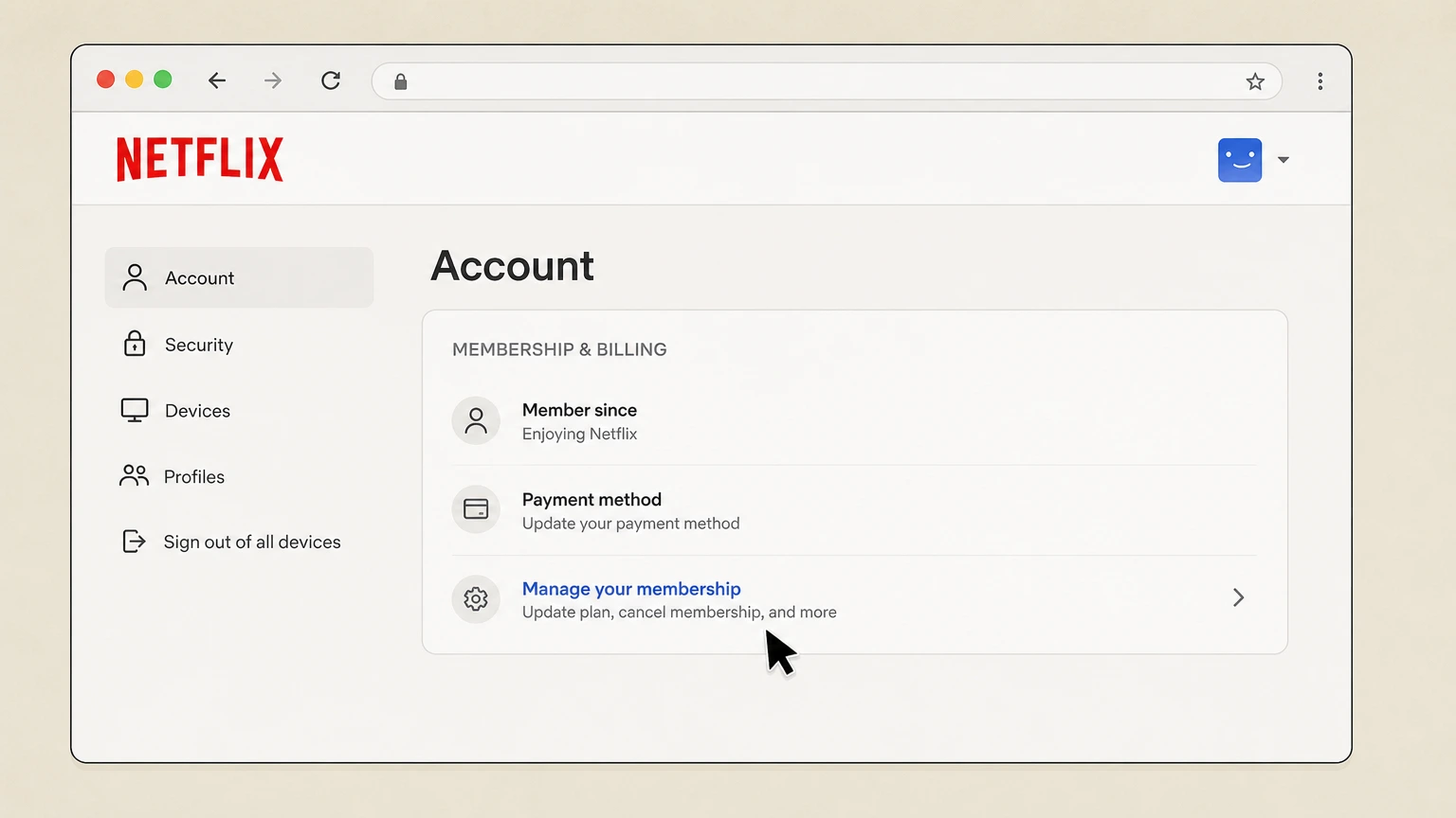 Editorial illustration of the Manage your membership link in a signed-in Netflix account