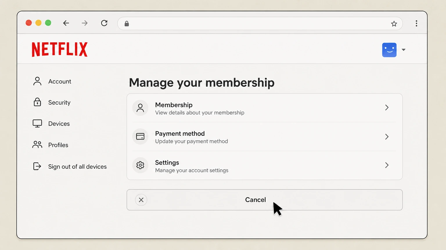 Editorial illustration of the Cancel control on Netflix Manage your membership