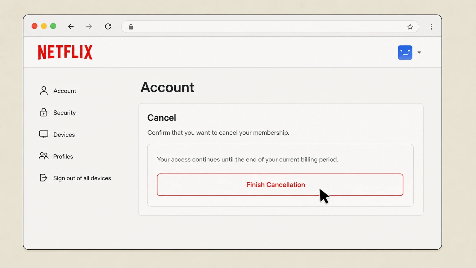 Editorial illustration of the Finish Cancellation control on Netflix