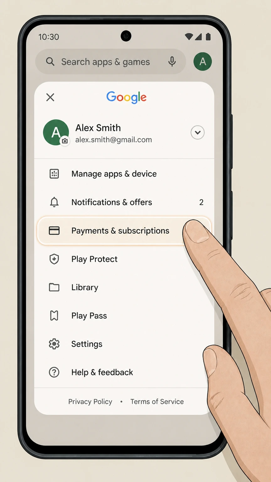 NFL+ google-play cancellation: Open Payments & subscriptions