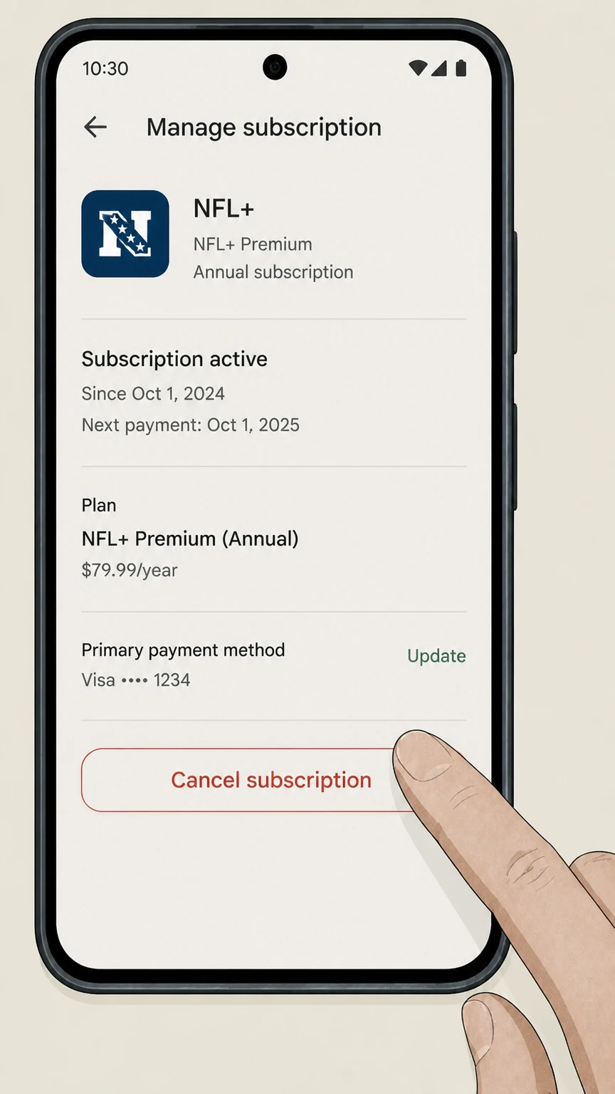 NFL+ google-play cancellation: Tap Cancel subscription