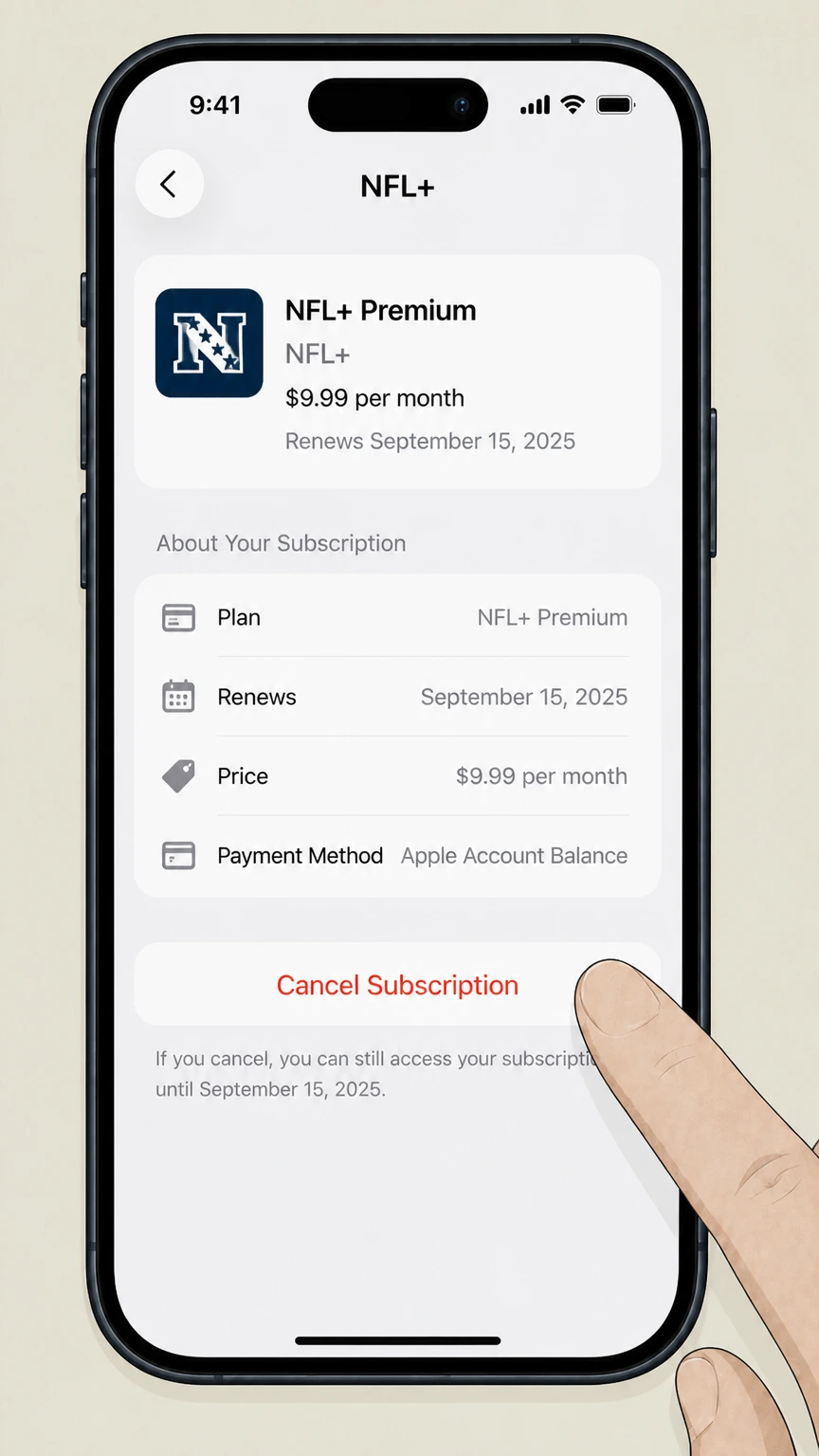 NFL+ ios cancellation: Tap Cancel Subscription