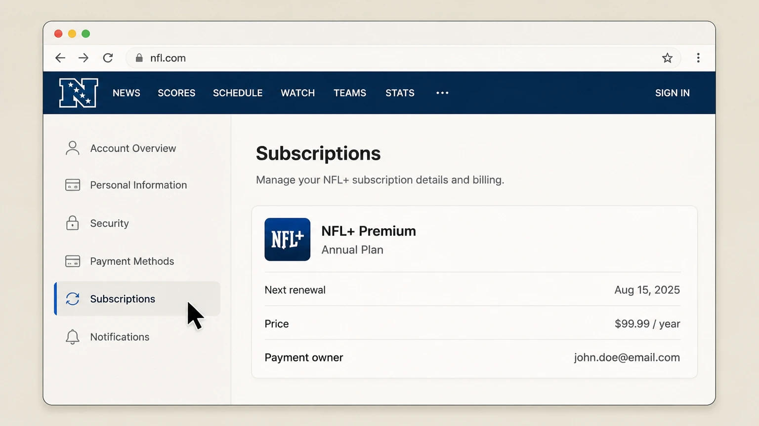 NFL+ web cancellation: Open Subscriptions